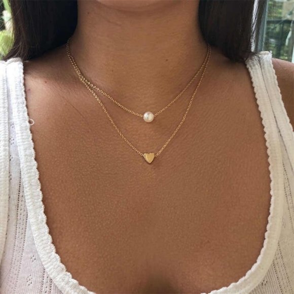 Dainty Layered Heart and Pearl Necklace